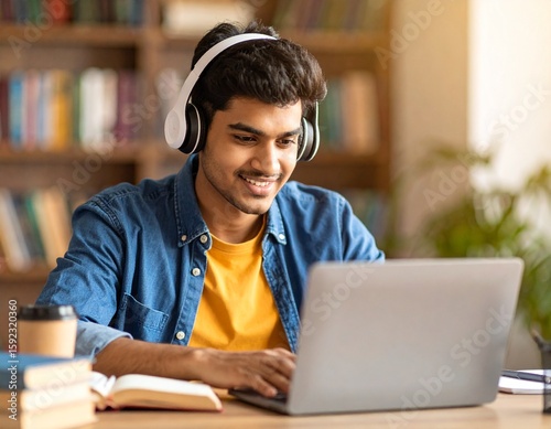 Teen or College Student Attending Online Class with Laptop and Headphones