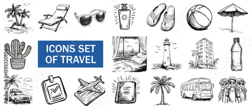 Icons set of travel in sketch style travel and tourism