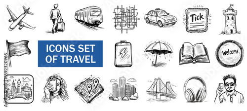 Travel vector icon set in sketch style travel and tourism