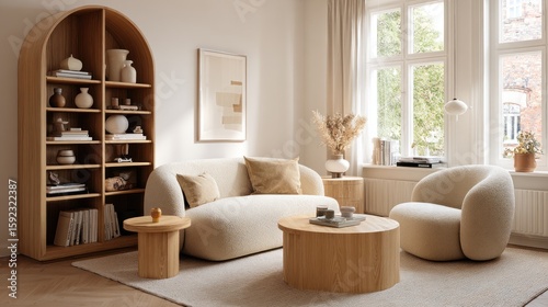 Modern living room with light wood furniture and a cream-colored sofa and chair.