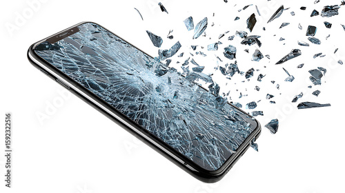 Falling smartphone with cracked screen in mid-air, isolated on a white background