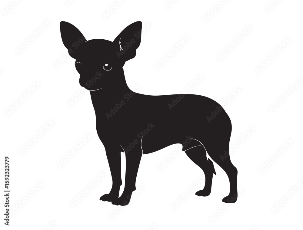 Fototapeta premium Silhouette vector icon of a Chihuahua standing alert, large ears and tiny body, black on white