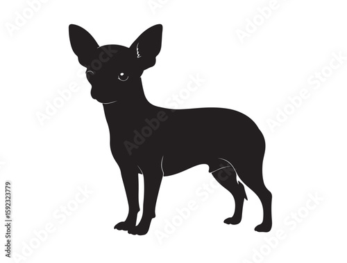  Silhouette vector icon of a Chihuahua standing alert, large ears and tiny body, black on white