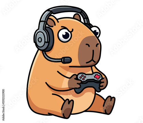 Gamer capybara character playing a video game with a controller and a headset. Funny mascot for an esports team, a streamer's channel, or a gaming blog. Cute cartoon illustration for geeks and video g