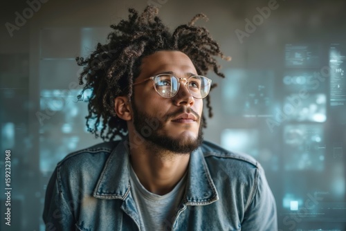 A man with dreadlocks wearing glasses looking up at the sky
