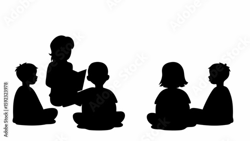 Silhouette illustration of children sitting in a circle listening to a story being read from a book