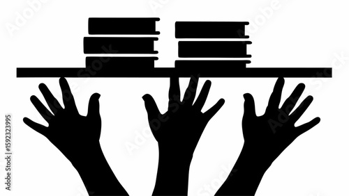 Three hands lifting a shelf with books in a black and white graphic illustration style design image silhouette