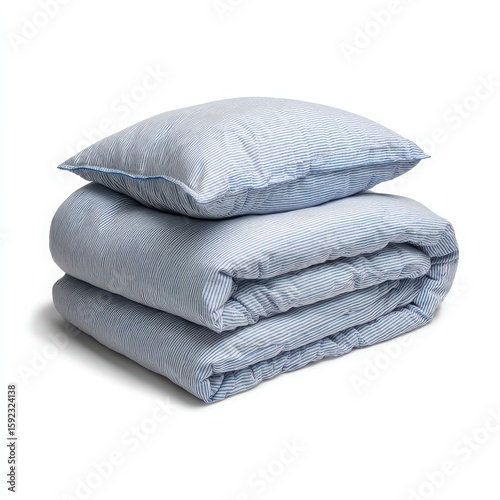 Soft blue and white striped bedding set including a folded duvet and a plush pillow arranged neatly on a white background