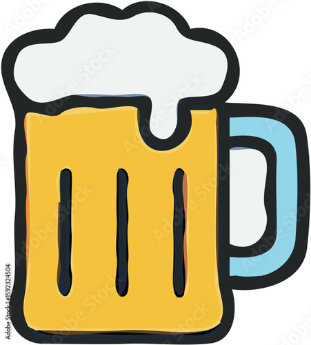 Cartoon illustration of a beer mug filled with frothy beer, outlined in black and blue.