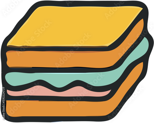 Colorful cartoon illustration of a layered sandwich with light orange bread and pastel green and pink fillings.