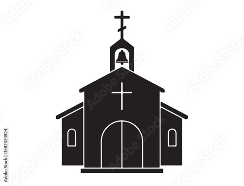 Simple black icon of a rural church with a front-facing cross and bell