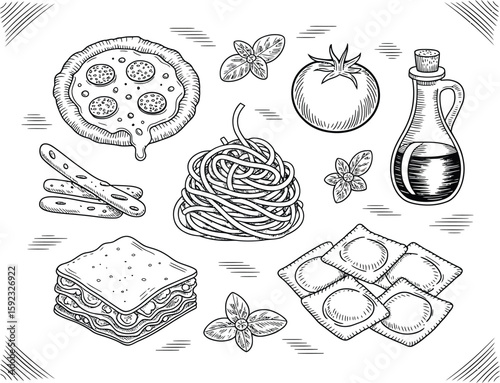 Hand drawn italian food assortment featuring pizza pasta lasagna and ingredients