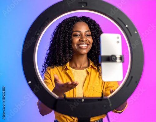 Young Content Creator Recording Video with Smartphone and Ring Light in Colorful Background
