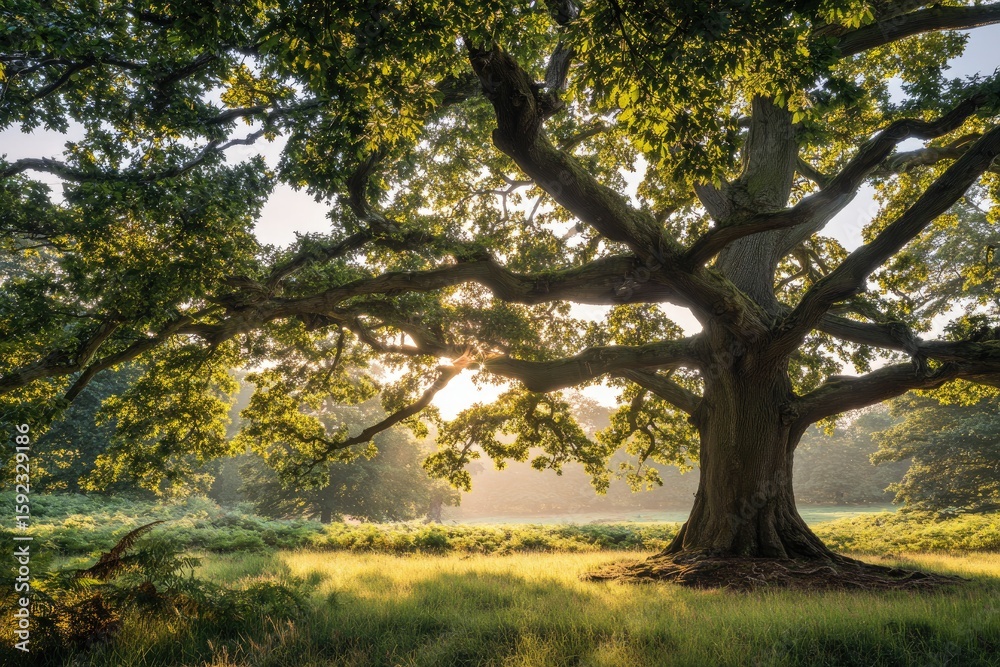Fototapeta premium Sunlight streams through a large, ancient oak tree's canopy