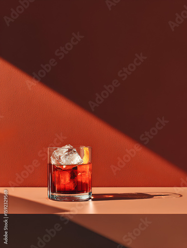 A glass of negroni cocktail with ice cubes and orange zest on a red background with dramatic sunlight