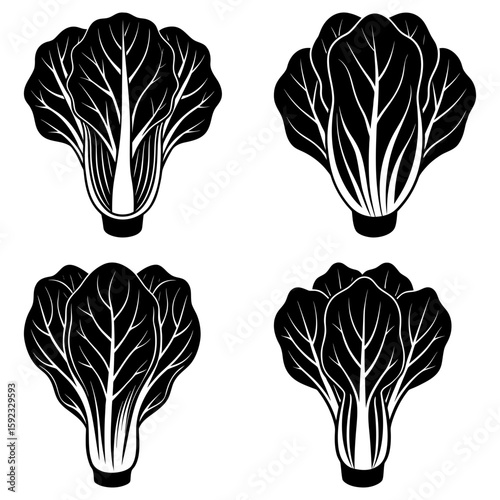 Four stylized bok choy vegetables arranged in a square pattern with black and white contrast design