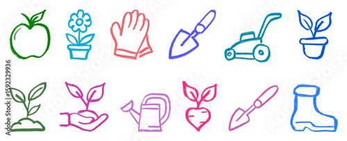 Garden Gardening Related Icons Crayon Chalk Drawing Doodle Vector Set