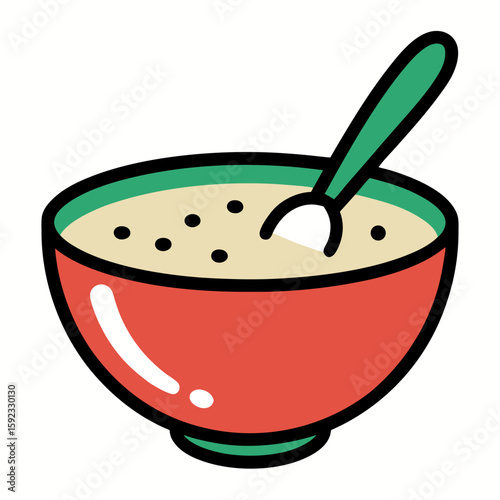 Oatmeal porridge in red bowl with green spoon food vector icon on white background.