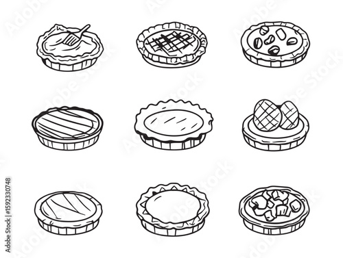 Hand drawn savory meat pie graphic in black line artwork