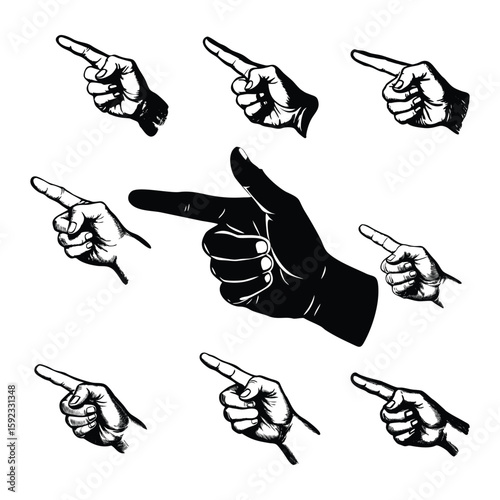 Set of right hand pointing icons with various directional gestures and angles