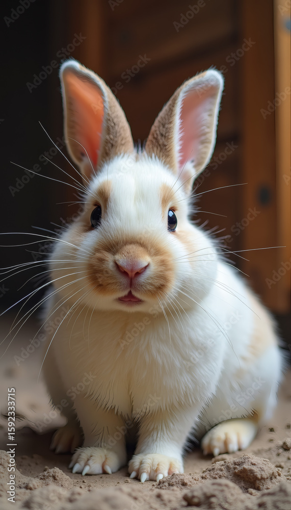 Fototapeta premium Adorable Fluffy White Rabbit: Cute Pet Animal Portrait of Curious Bunny with Big Ears and Colorful Ear Tips in Relaxed Pose - Indoor Pet Photography for Animal Lovers