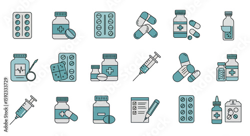 Illustration showcasing various medical supplies including pills bottles and syringes in a simple style