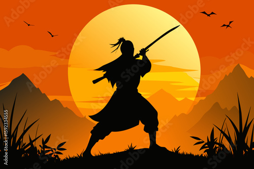 Samurai Warrior Silhouette with Katana at Sunset – Vector Illustration