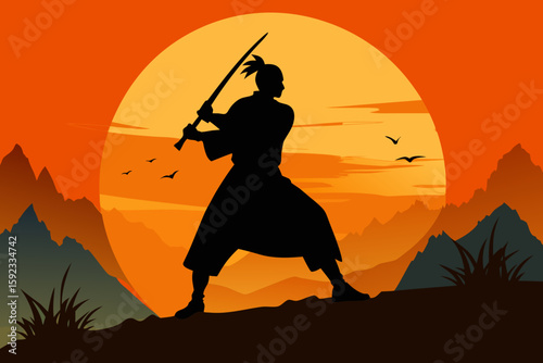 Samurai Warrior Silhouette with Katana at Sunset – Vector Illustration