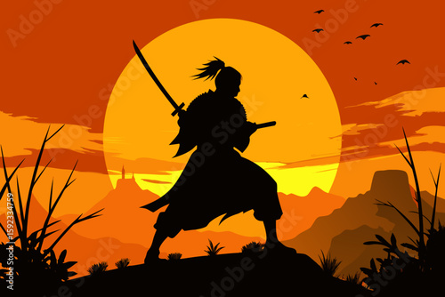 Samurai Warrior Silhouette with Katana at Sunset – Vector Illustration