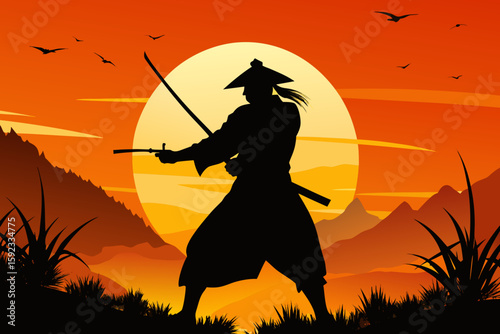 Samurai Warrior Silhouette with Katana at Sunset – Vector Illustration