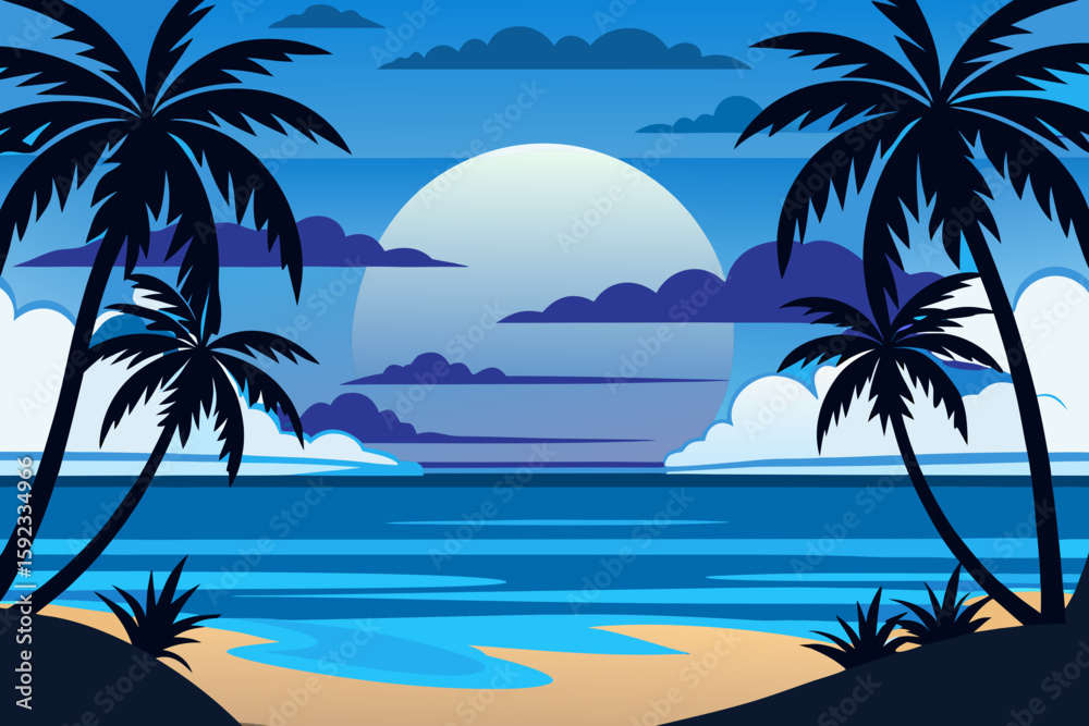 Fototapeta premium Tropical Beach at Night with Full Moon Reflection – Vector Illustration