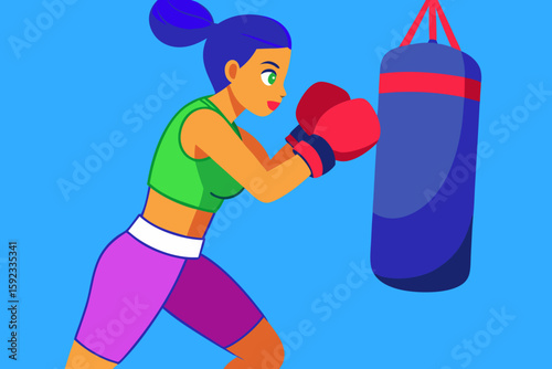 Female Boxer Training with Punching Bag – Colorful Vector Illustration