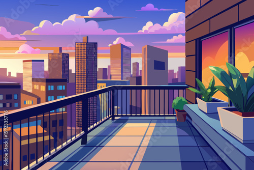 Urban Balcony View at Sunset with City Skyline – Vector Illustration