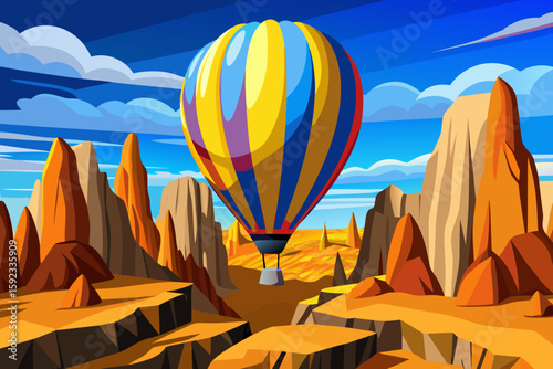 Colorful Hot Air Balloon Over Desert Canyon Landscape Illustration