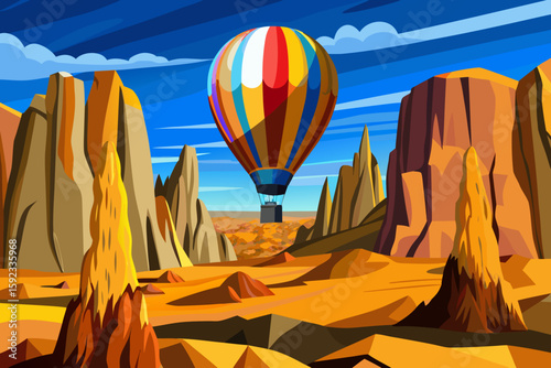 Colorful Hot Air Balloon Over Desert Canyon Landscape Illustration