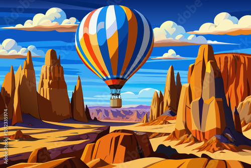 Colorful Hot Air Balloon Over Desert Canyon Landscape Illustration