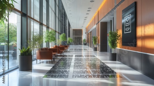 Modern office hallway with large windows, plants, and seating area.