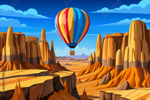 Colorful Hot Air Balloon Over Desert Canyon Landscape Illustration