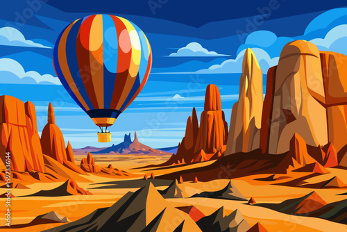 Colorful Hot Air Balloon Over Desert Canyon Landscape Illustration