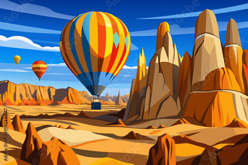 Colorful Hot Air Balloon Over Desert Canyon Landscape Illustration