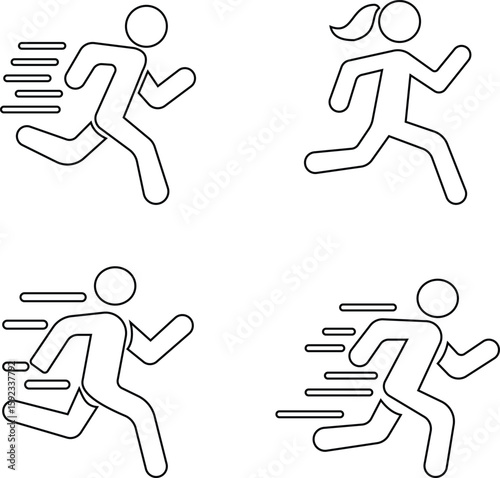 image displays of running and walking icon set. used to symbolize movement fitness or activity in various contexts workout modes or goals related to speed progress or routes web design infographics