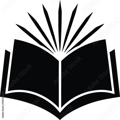 Silhouette of an open book radiating light bulb rays symbolizing knowledge and innovation isolated on transparent background