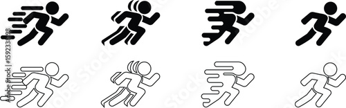 image displays of running and walking icon set. used to symbolize movement fitness or activity in various contexts workout modes or goals related to speed progress or routes web design infographics