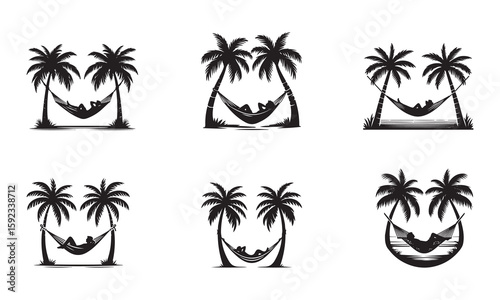 Silhouette Set of People Relaxing in Hammocks Between Palm Trees Tropical Beach Vacation Icons