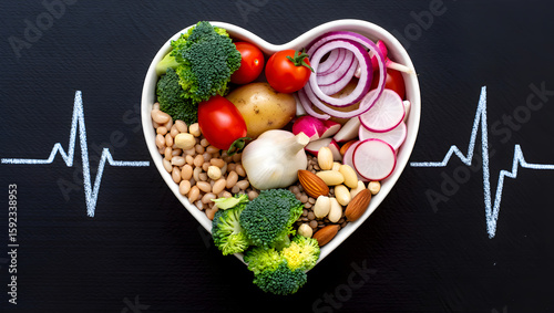 Heart shaped bowl full of healthy vegetables and nuts promotes cardiovascular health and well-being through good nutrition.