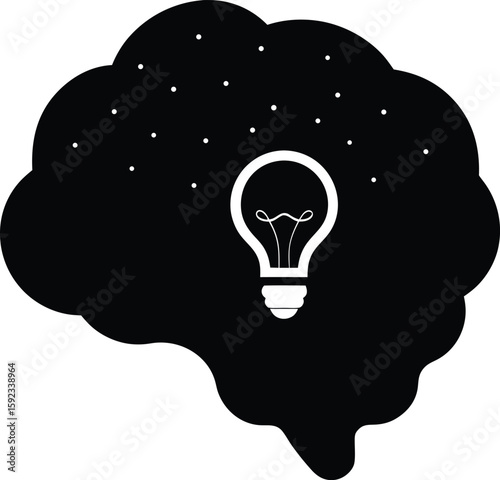 Conceptual silhouette of a glowing light bulb within a thought bubble representing ideas and innovation isolated on transparent background