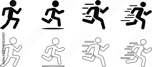 image displays of running and walking icon set. used to symbolize movement fitness or activity in various contexts workout modes or goals related to speed progress or routes web design infographics