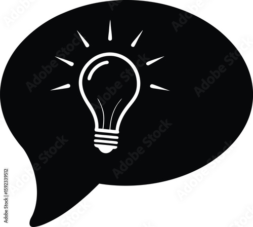 Silhouette of a speech bubble containing a bright light bulb isolated on transparent background
