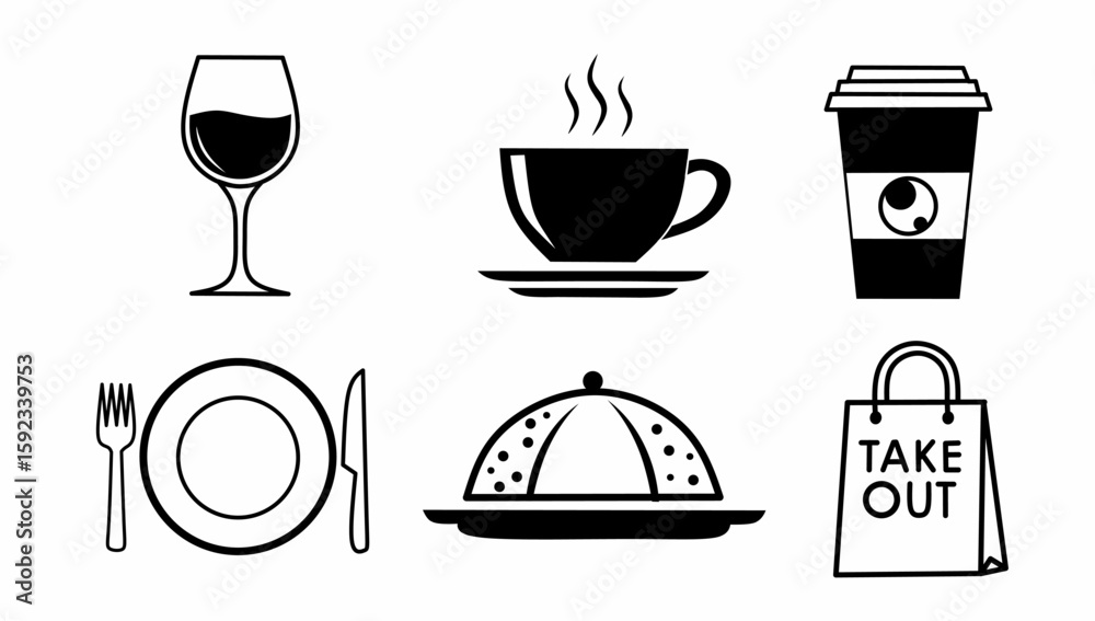 Restaurant Food and Drink Icons – Wine, Coffee, Takeout, Dining Set Restaurant Food and Drink Icons – Wine, Coffee, Takeout, Dining Set