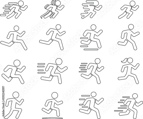 image displays of running and walking icon set. used to symbolize movement fitness or activity in various contexts workout modes or goals related to speed progress or routes web design infographics